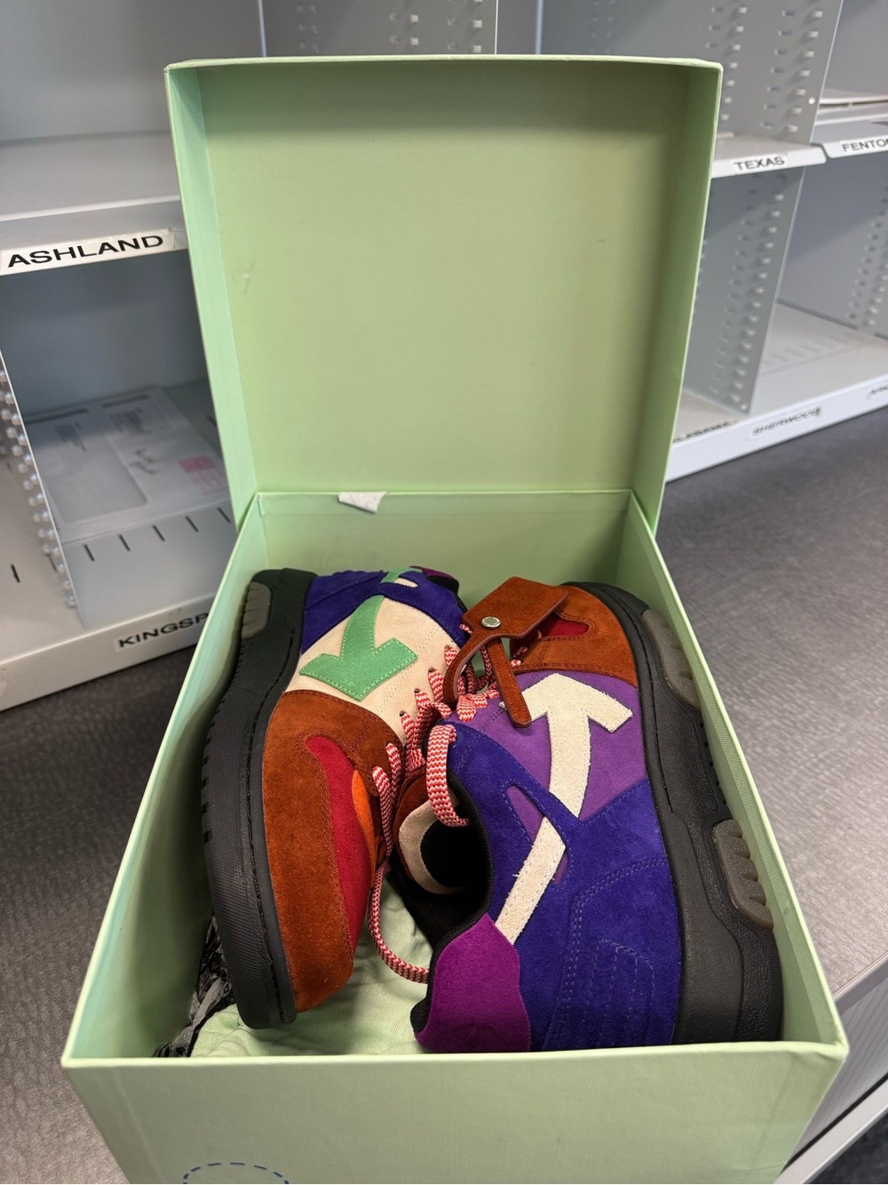 Off-White Mens Multicolor Suede Arrow Sneakers — Purple, Brown & Green - Picture 2 of 6
